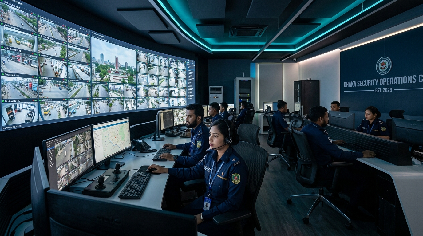 Domain 02: Bangladeshi security operations team monitoring multi-camera CCTV surveillance video wall