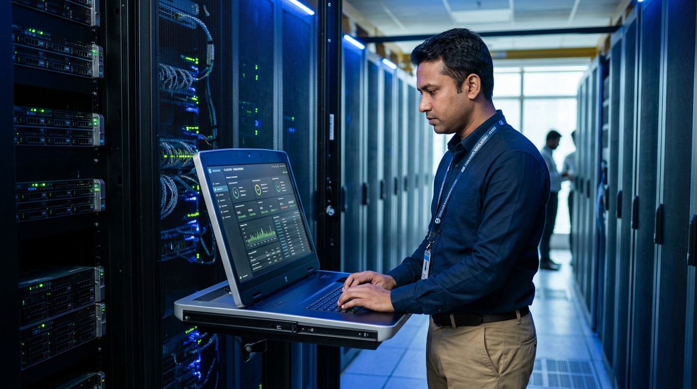 Domain 04: Bangladeshi IT systems engineer conducting diagnostics in enterprise cloud datacenter